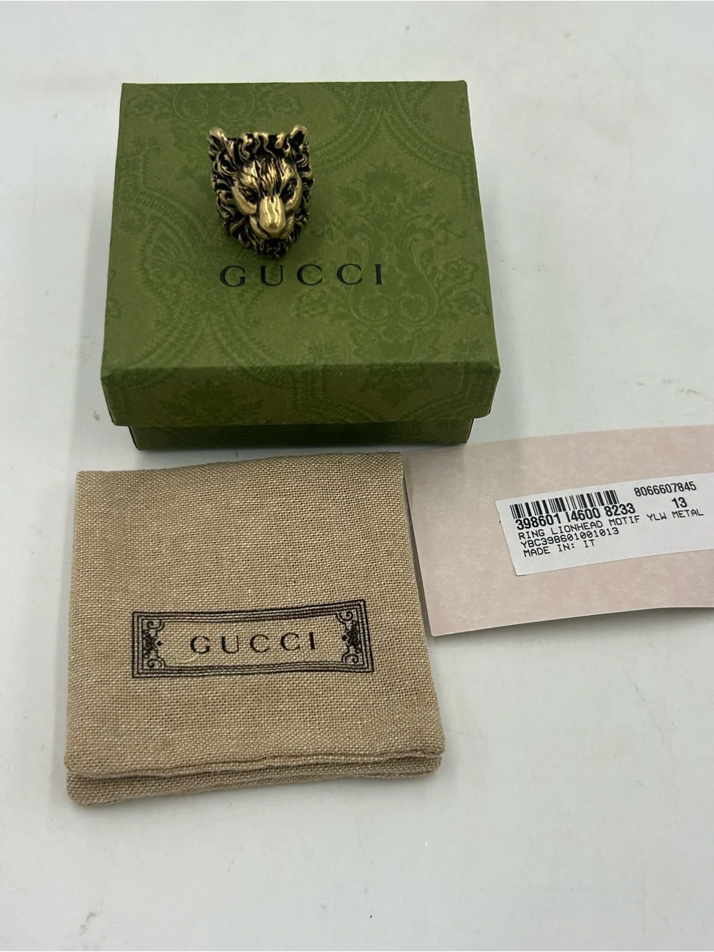 Unisex Gucci, iconic Lionhead ring gold tone brass finish size 6, made Italy